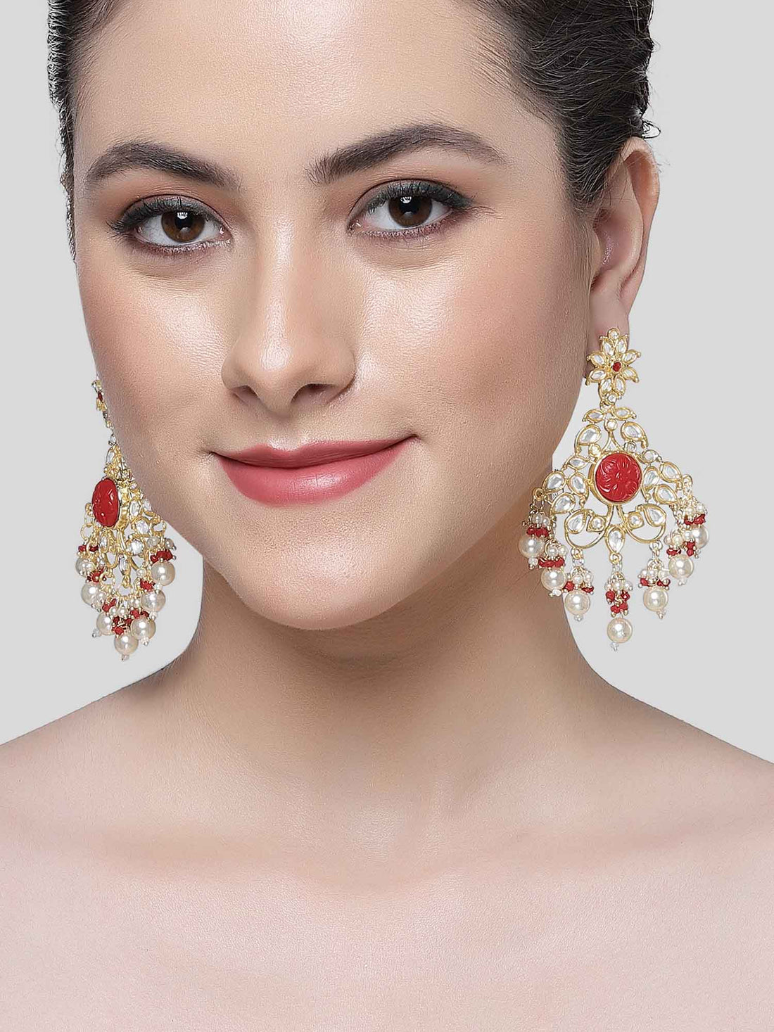 Karatcart Gold Plated Red Carved Stone Kundan Dangler Earrings for Women