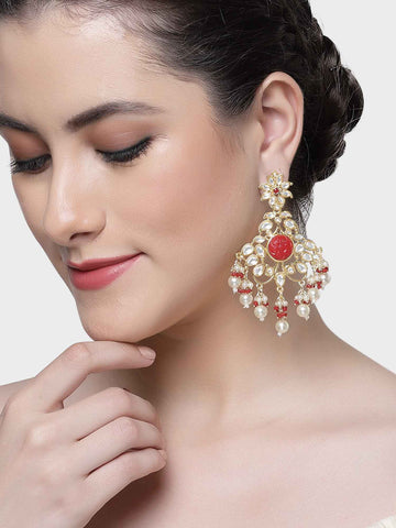 Karatcart Gold Plated Red Carved Stone Kundan Dangler Earrings for Women