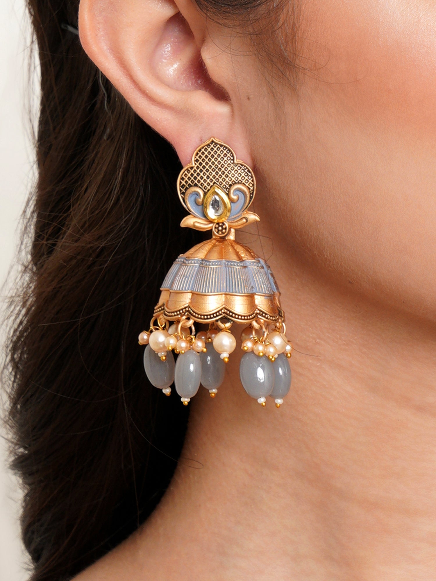 Karatcart Gold Plated Grey Tumble and Golden Pearl Studded Jhumki Earrings for Women - Image 1