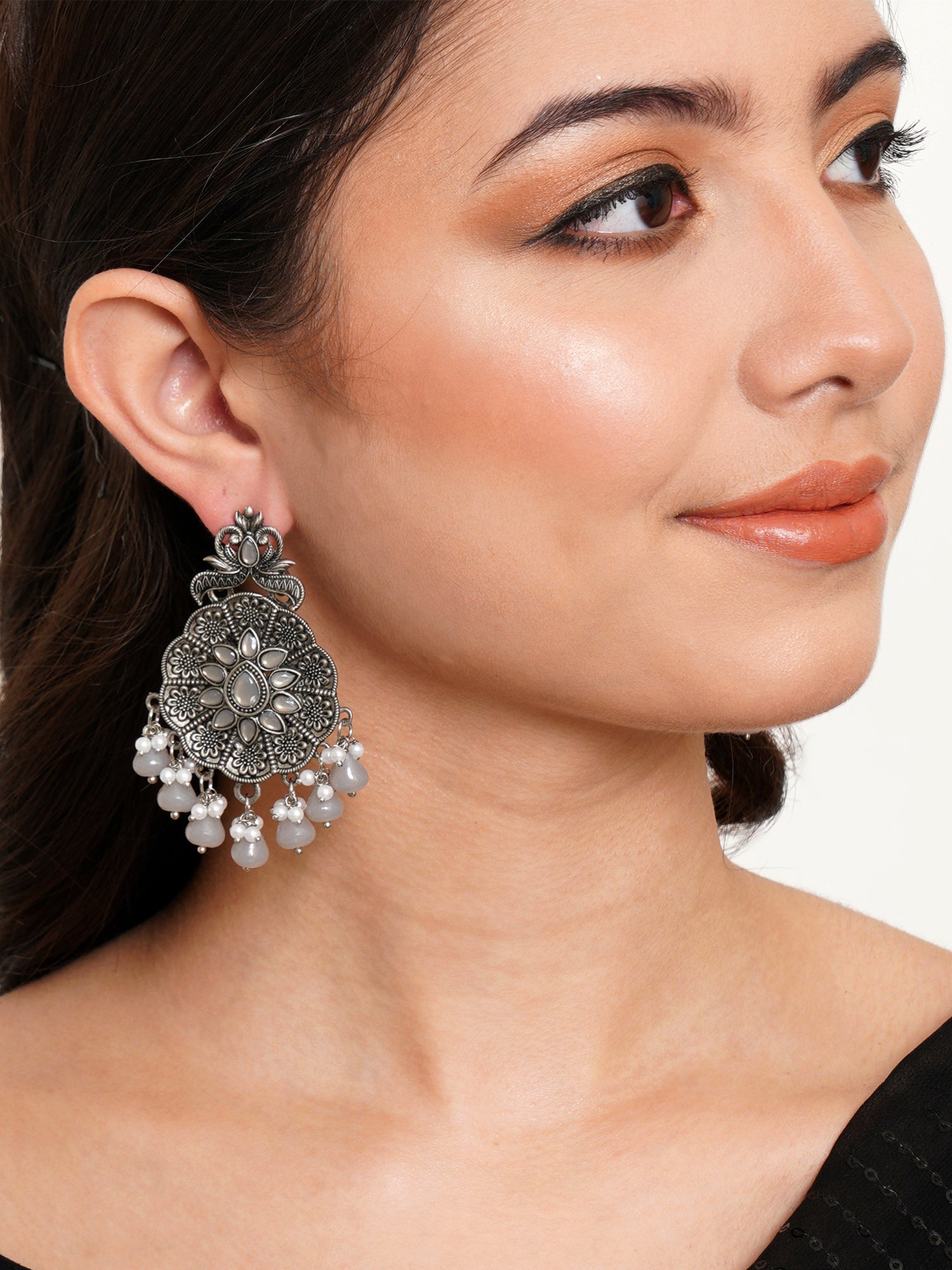Karatcart Oxidised Silver Grey Monalisa Stone Studded Floral Dangler Earrings for Women - view 2