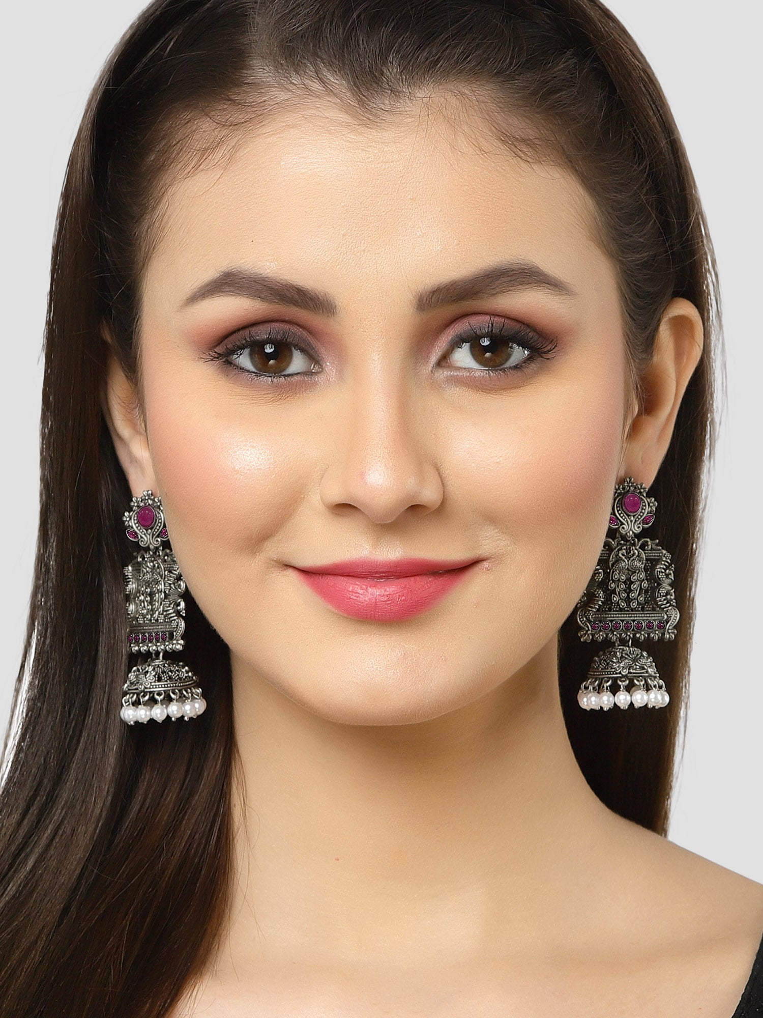 Karatcart Oxidised Silver Peacock Red Stone Studded Dangler Jhumki Earrings for Women - view 2