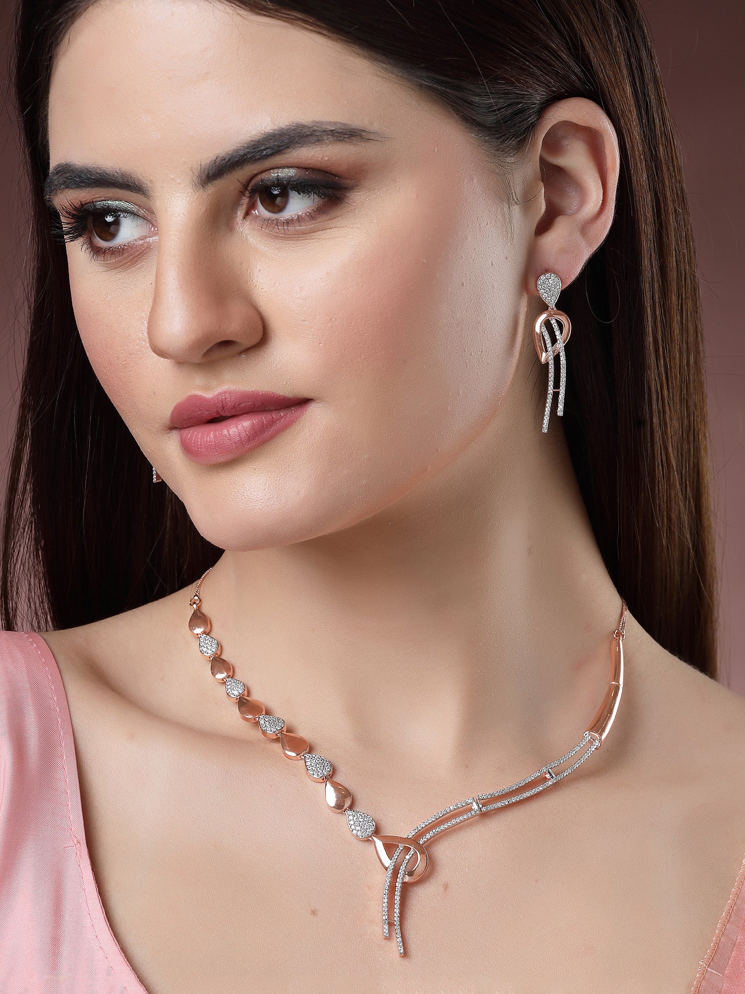 Karatcart Graceful Rose Gold Necklace Set with Cubic Zirconia  Embellishments and Rhodium Finish