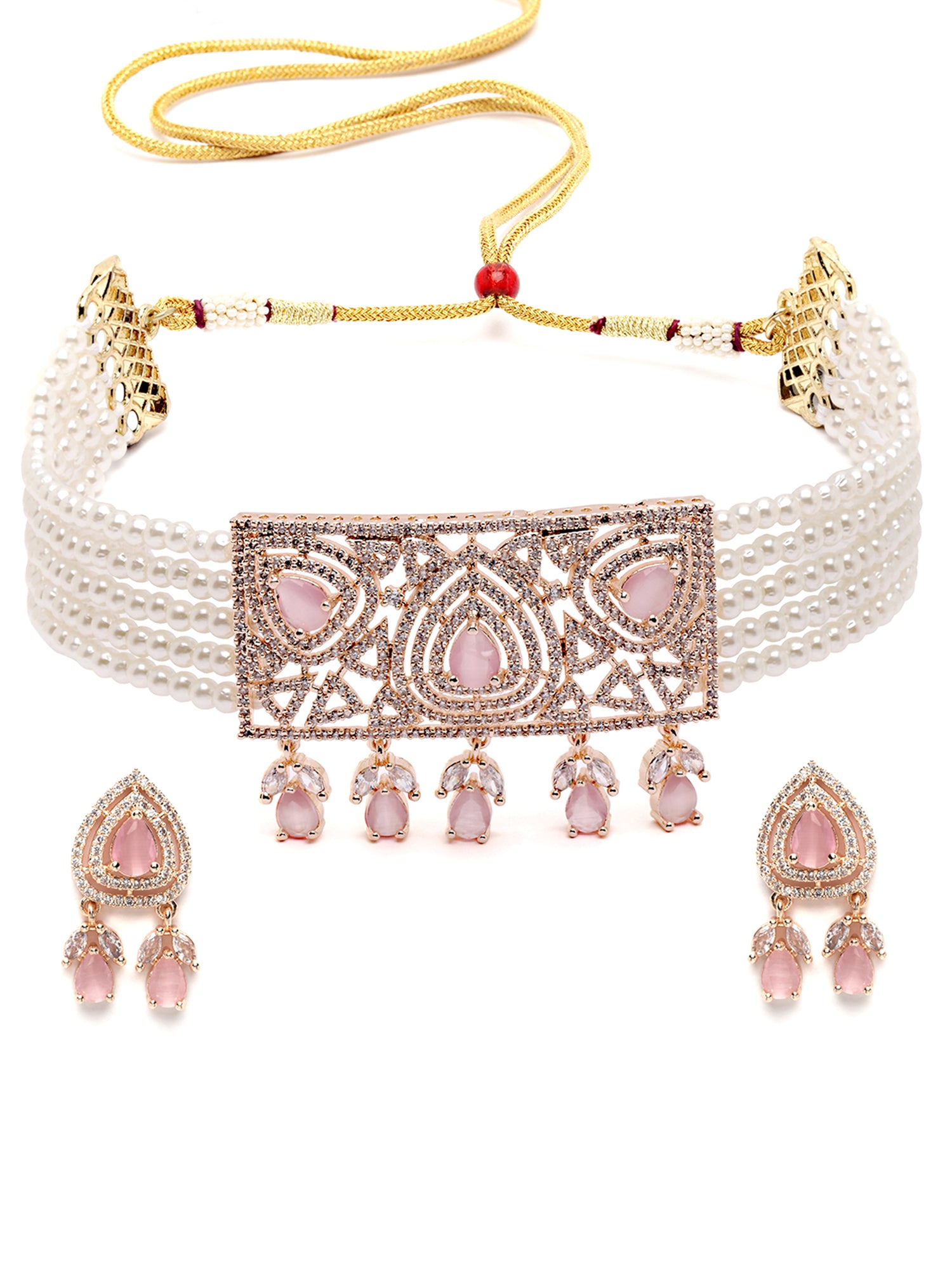Karatcart Rose Gold Plated Pearl Beaded Cubic Zirconia Choker Necklace Set for Women - view 4