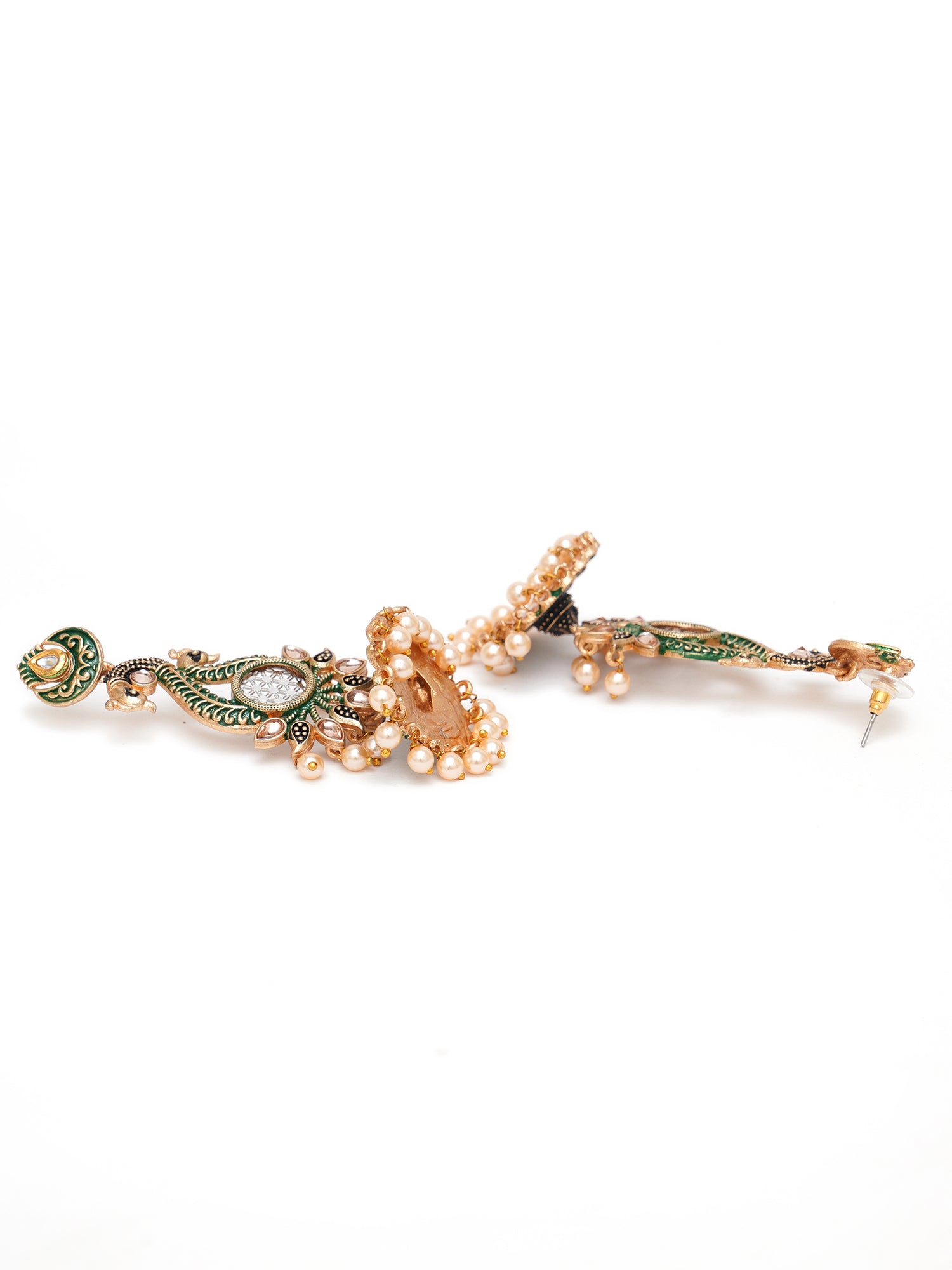 Karatcart Antique Gold Plated Kundan Studded Green Meena Peacock with Flat Jhumki Dangler Earrings - view 5