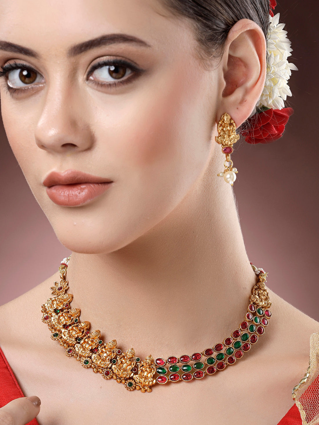 Karatcart Gold Plated Red and Green Stone Laxmi Mata Temple Jewellery Set for Women