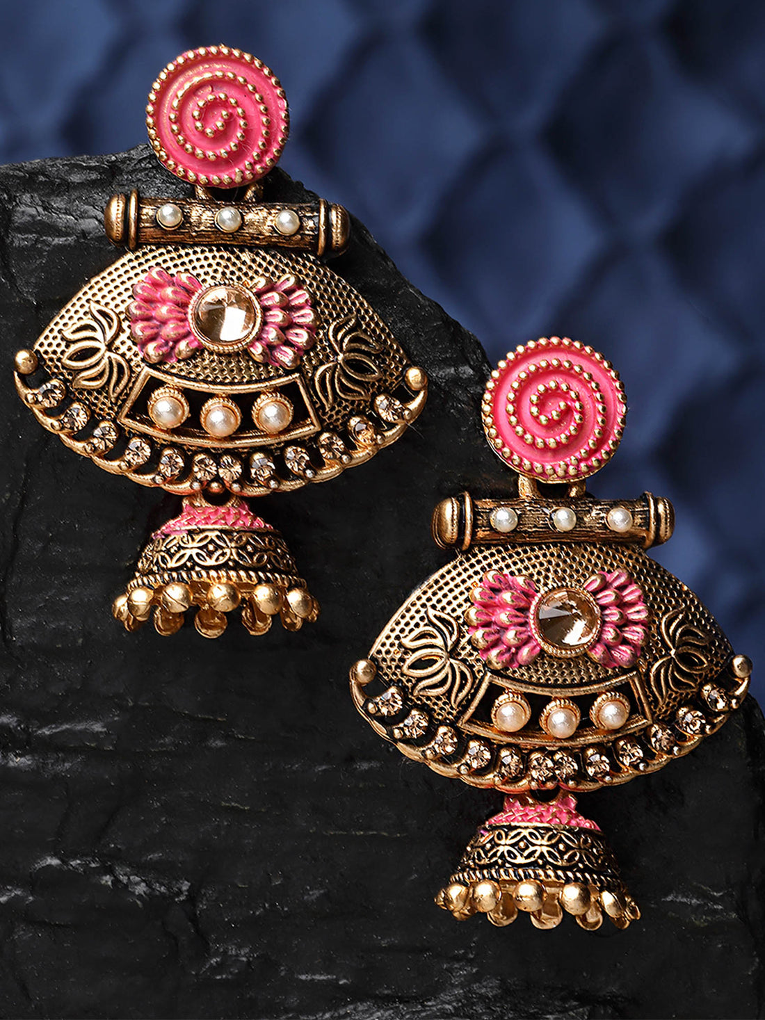 Karatcart Gold Plated Pink Meena Pearl Kundan Drop Jhumki Earrings for Women