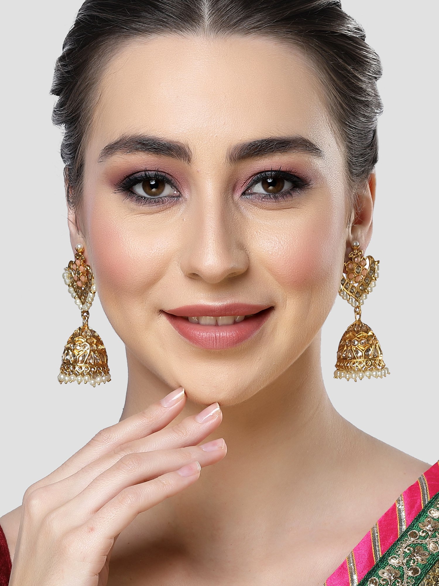 Karatcart Gold Plated Floral Design Peach Kundan Studded Jhumki Earrings for Women - view 2