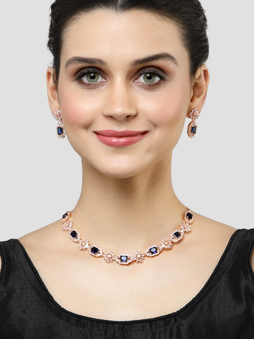 Karatcart Rose Gold Plated Blue Cubic Zirconia Studded Necklace Set