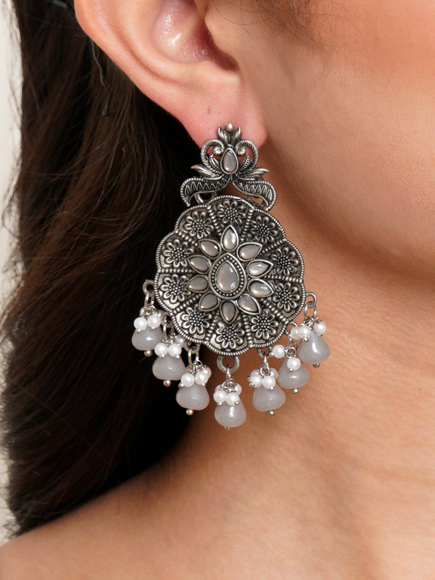 Karatcart Oxidised Silver Grey Monalisa Stone Studded Floral Dangler Earrings for Women - Image 1