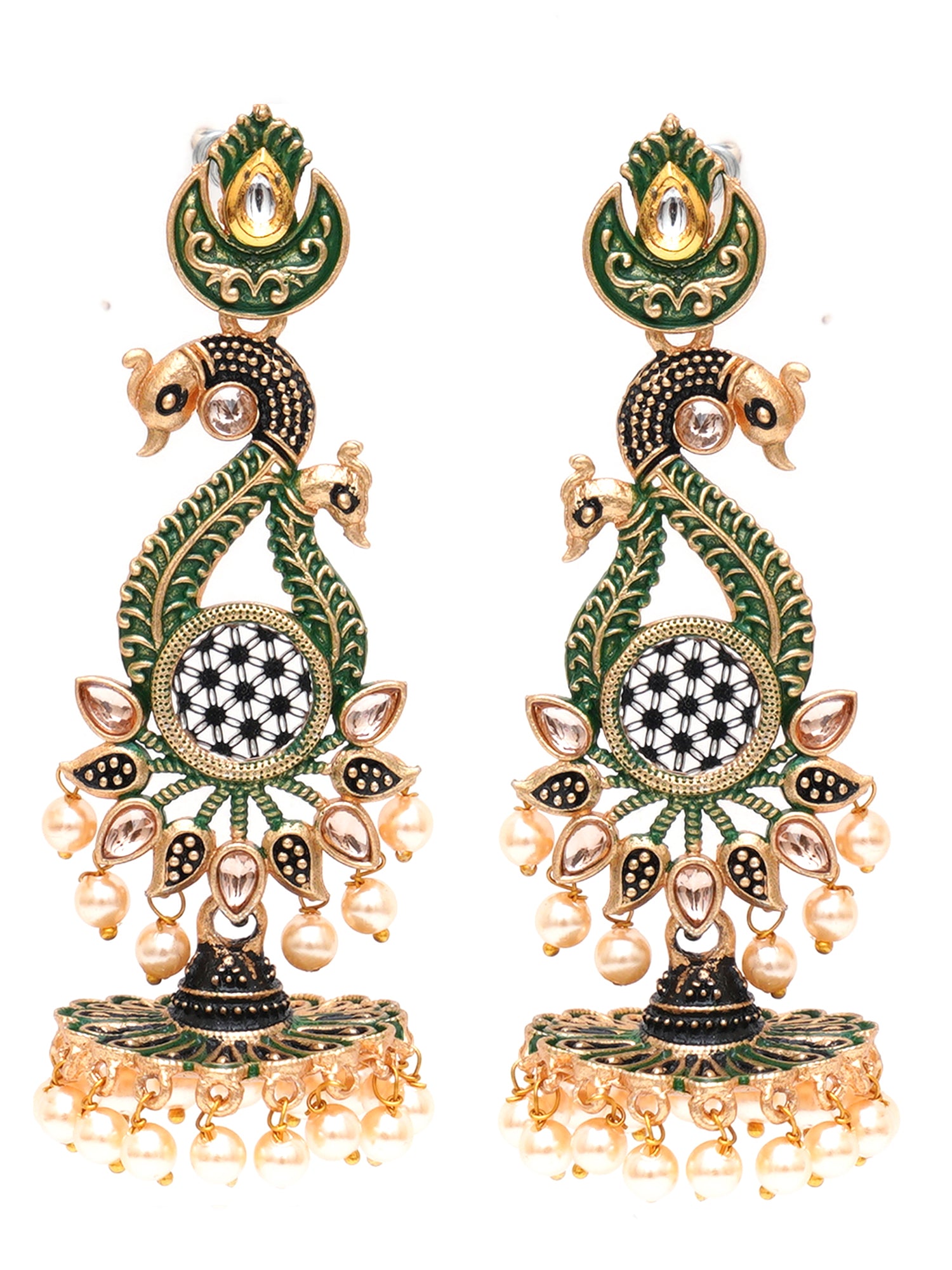 Karatcart Antique Gold Plated Kundan Studded Green Meena Peacock with Flat Jhumki Dangler Earrings - view 4