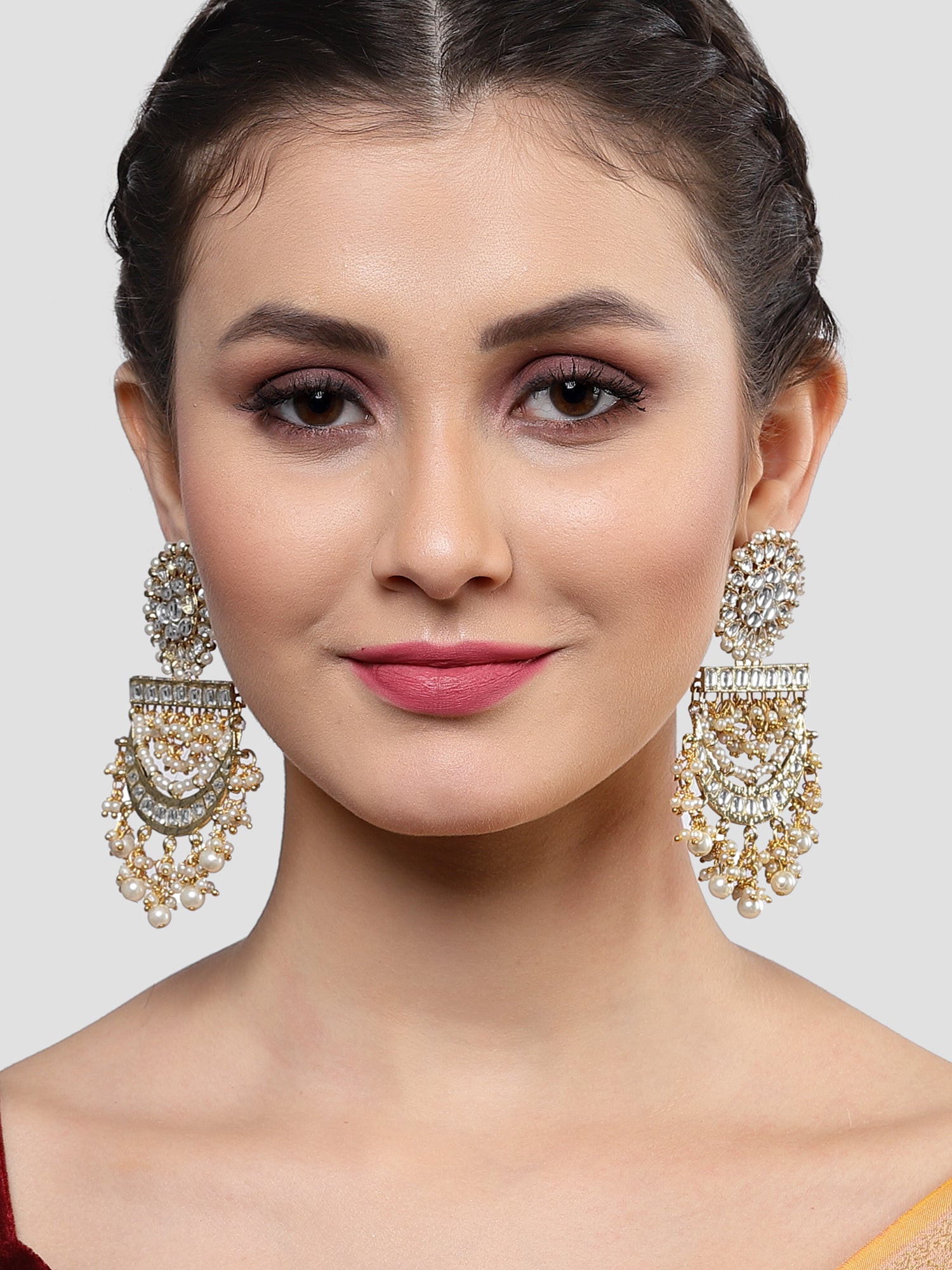 Karatcart Gold Plated Pearl and Kundan Studded Dangler Earrings for Women - view 2