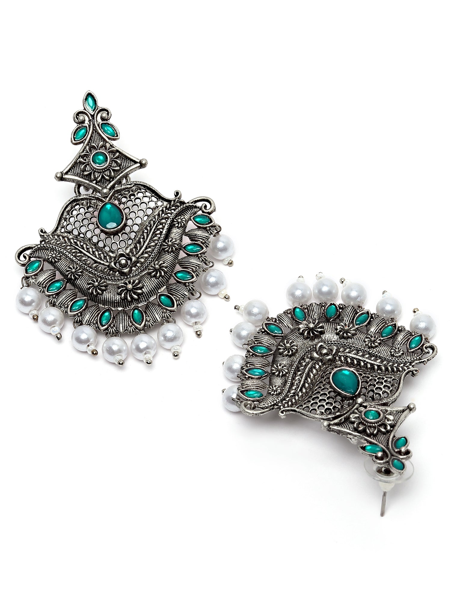 Karatcart Antique Silver Plated Green Monalisa Stone Studded Dangler Earrings for Women - view 5