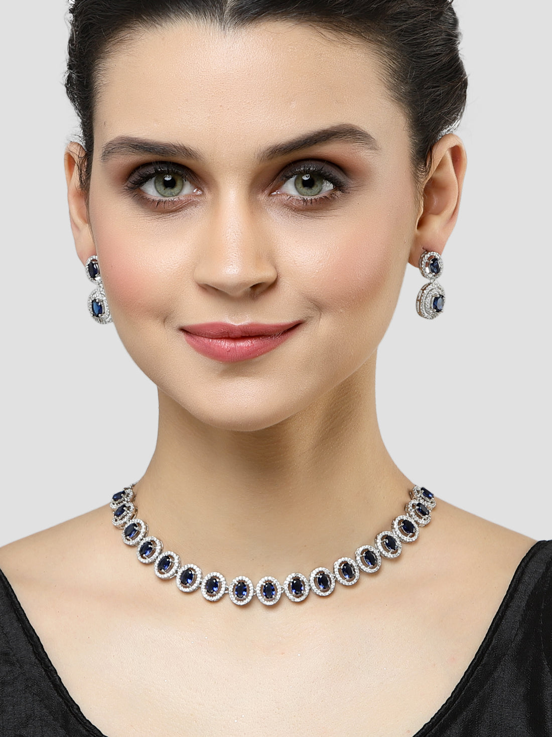 Karatcart Blue Cubic Zirconia Studded Silver Tone Necklace Set