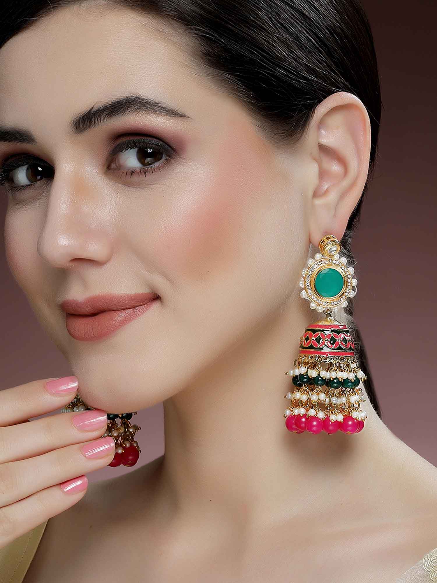 Karatcart Gold Plated Green and Pink Meena Polki Kundan Jhumki Earrings for Women - view 3