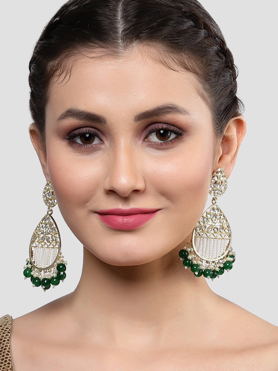 Karatcart Gold Plated Green Beads and Pearl Studded Kundan Dangler Earrings for Women