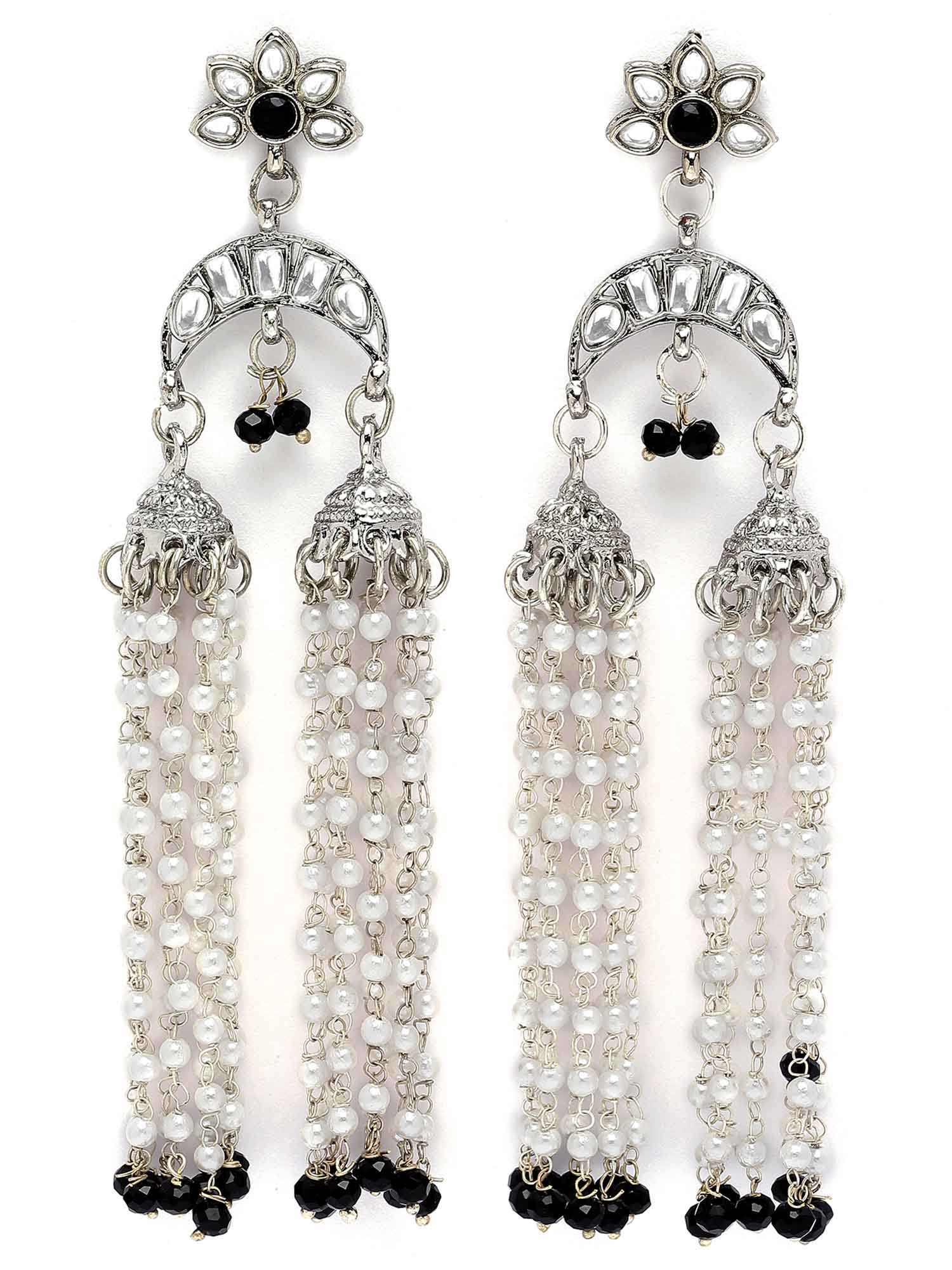 Karatcart Oxidised Silver Black Crystal and Pearl Kundan Drop Earrings for Women - view 4