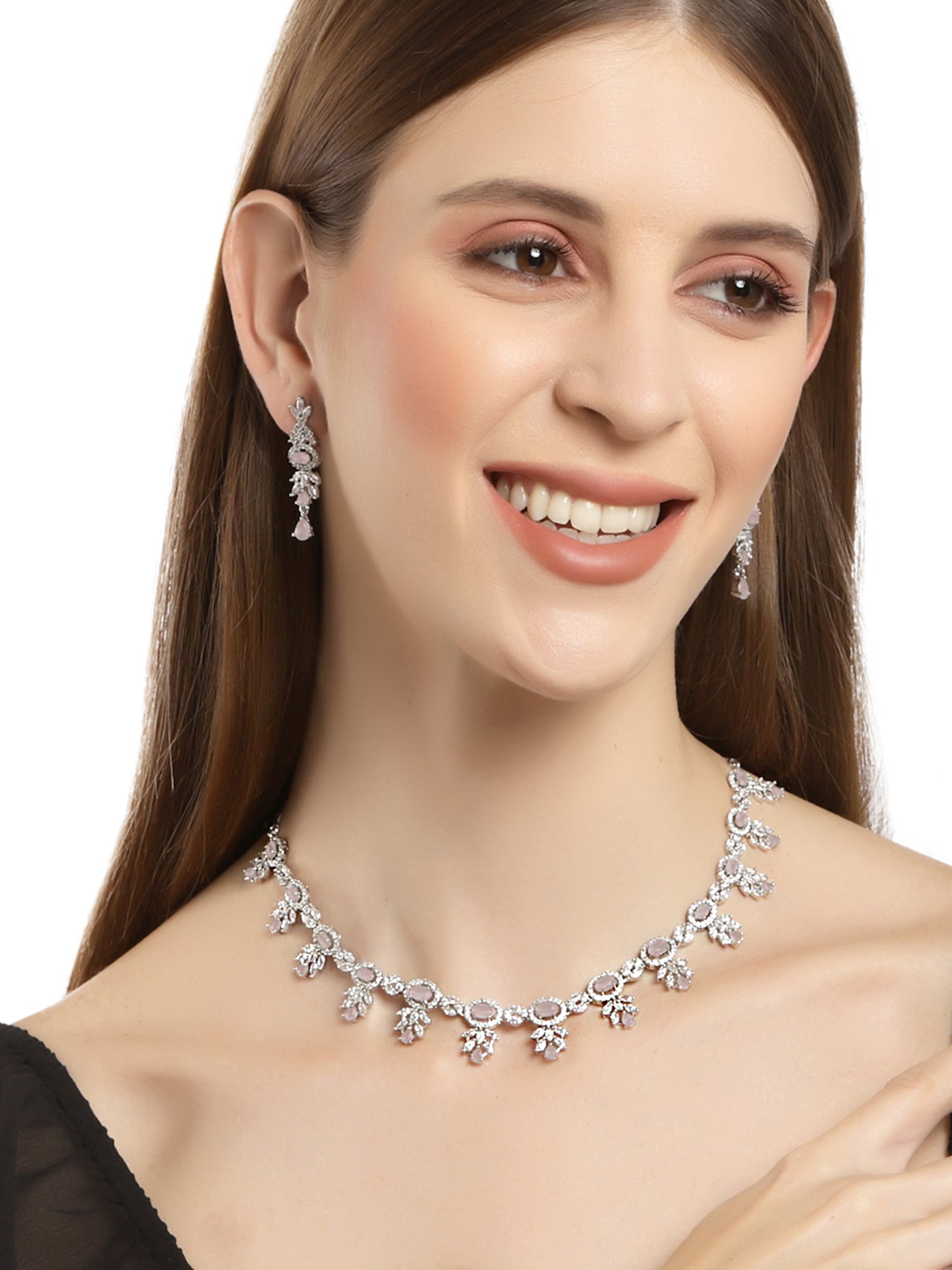 Karatcart Silver Plated Pink CZ Studded Necklace with Earrings - view 2
