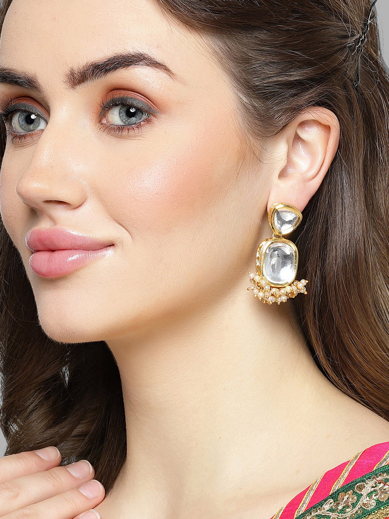 Karatcart Gold Plated Polki Kundan Drop Earrings for Women - Image 1