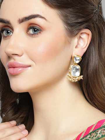 Karatcart Gold Plated Polki Kundan Drop Earrings for Women