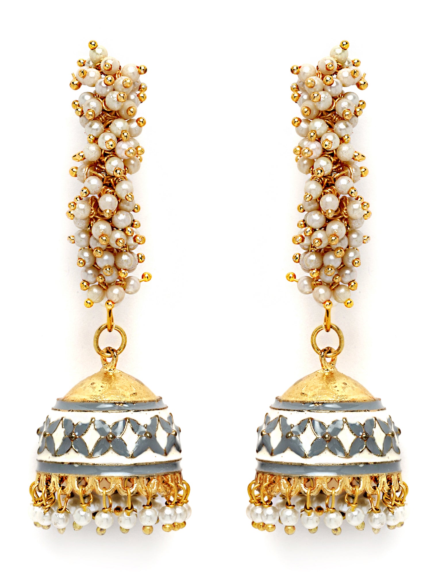 Karatcart Gold Plated Grey Meena Pearl Studded Kundan Jhumki Earrings for Women - view 4
