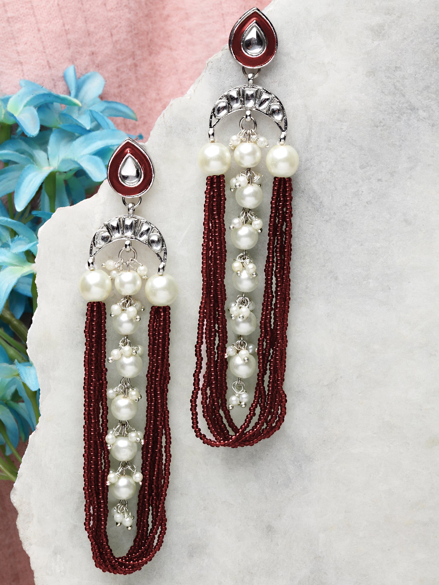 Karatcart Oxidised Silver Pearl and Green Moti Studded Kundan Drop Earrings for Women - view 3