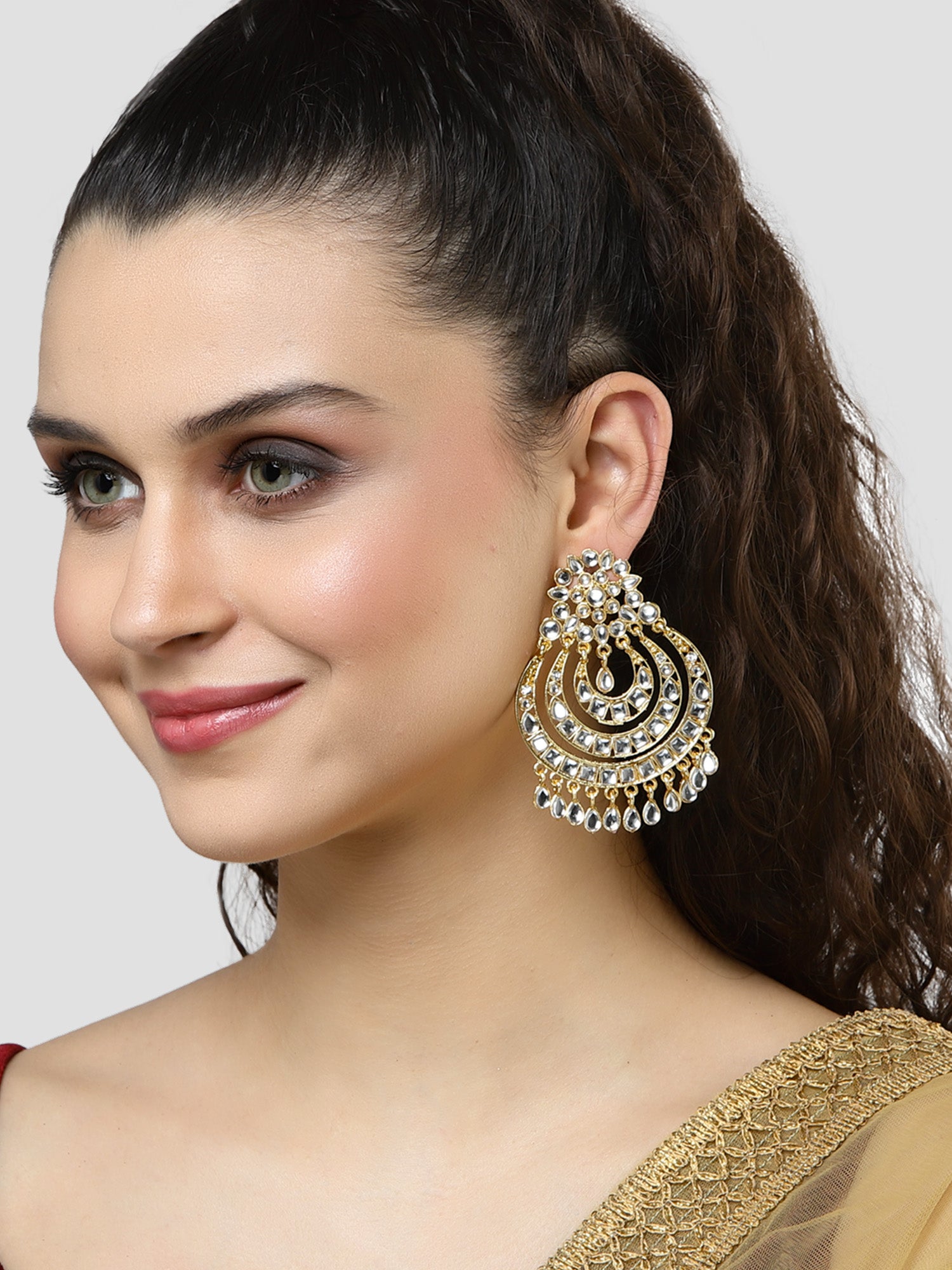 Karatcart Gold Plated Kundan Studded Dangler Earrings for Women - Image 1