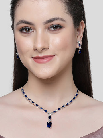 Karatcart Silver Tone Square Blue Cubic Zirconia Necklace Set for Women