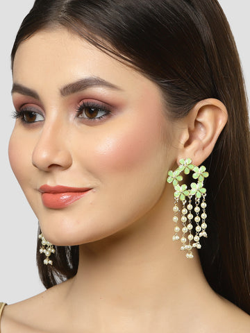 Karatcart Gold Plated Floral Design Light Green Kundan Pearl Tassel Earrings for Women