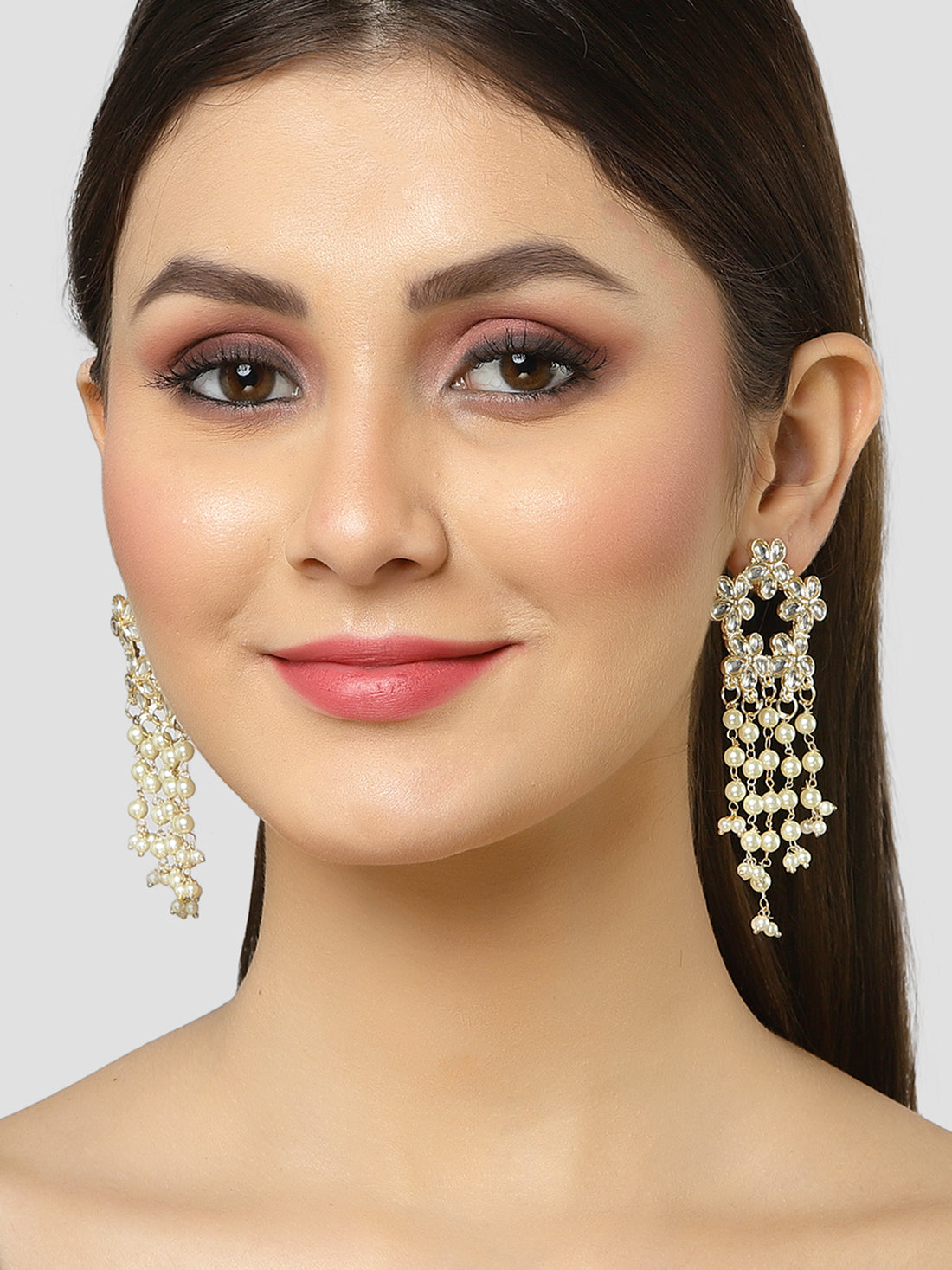 Karatcart Gold Plated Floral Design Kundan Pearl Tassel Earrings for Women