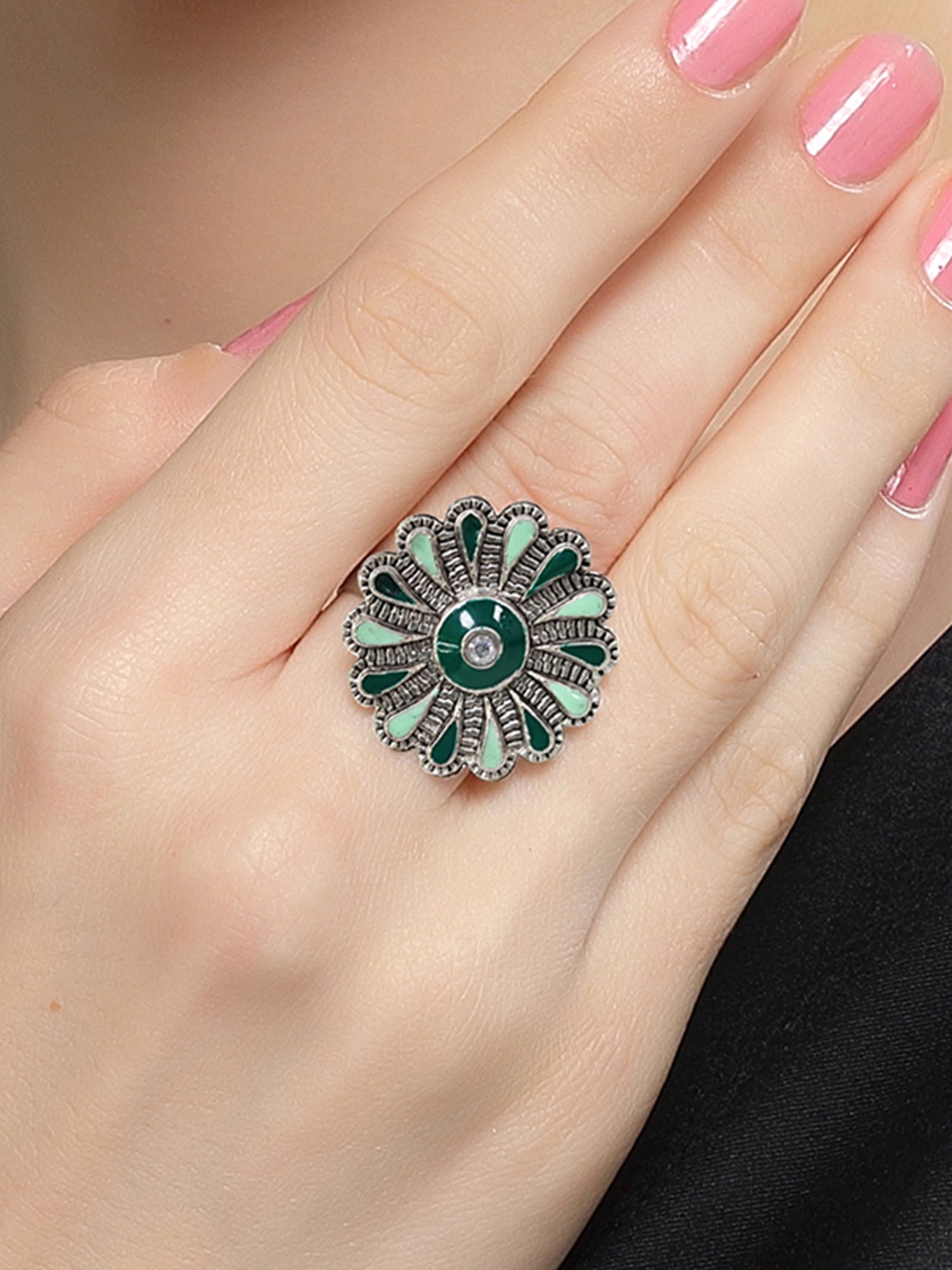 Karatcart Oxidised Silver Floral Design Green Meena Finger Ring for Women