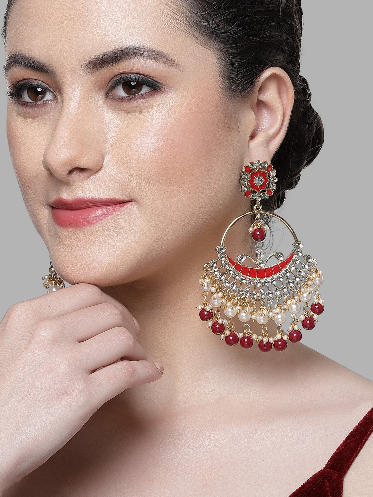Karatcart Gold Plated Red Beads and Pearl Kundan Chandbali Earrings for Women - Image 1