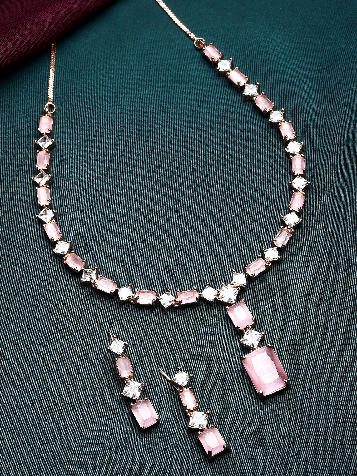 Karatcart Pink Cubic Zirconia Studded Rose Gold Plated Necklace Set for Women - view 3