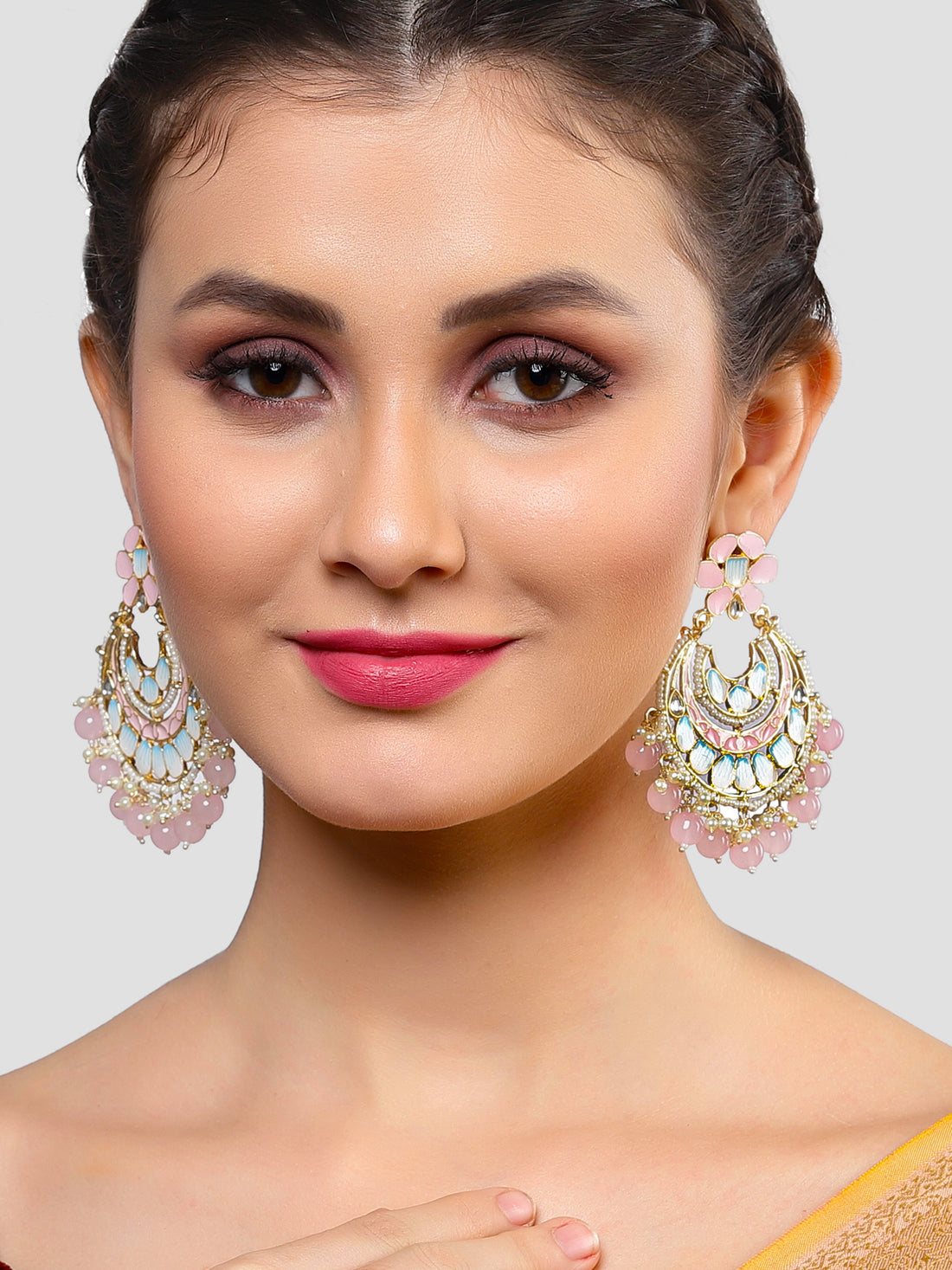 Karatcart Gold Plated Pink Beads and Meena Chandbali Earrings for Women