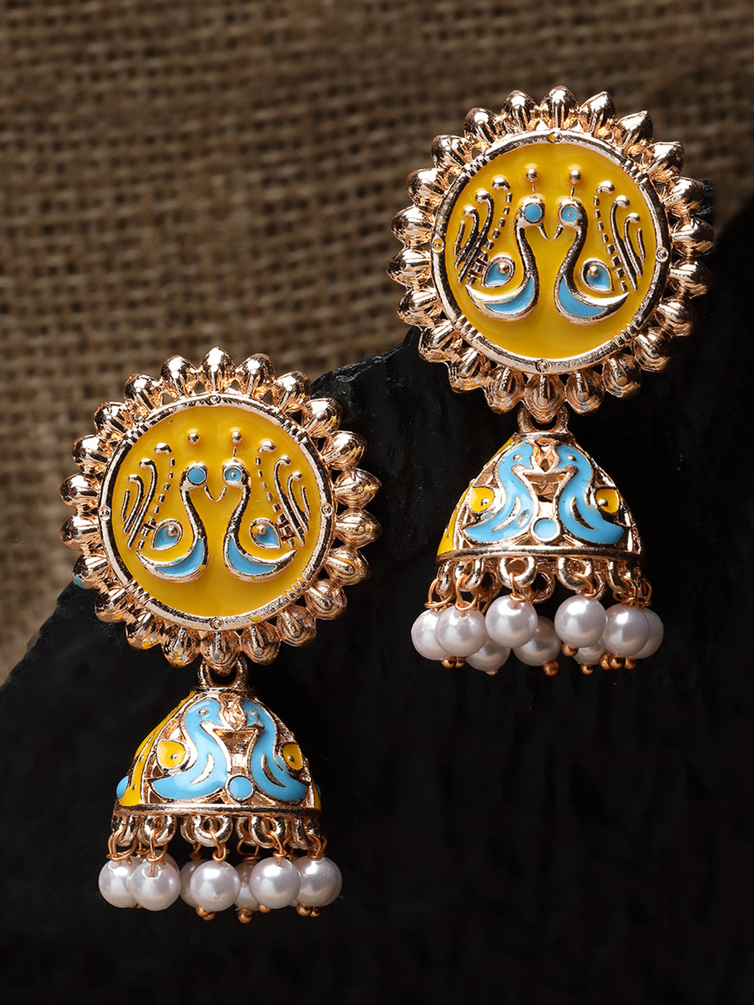 Karatcart Rose Gold Plated Peacock Design Yellow and Blue Meena Jhumki Earrings for Women