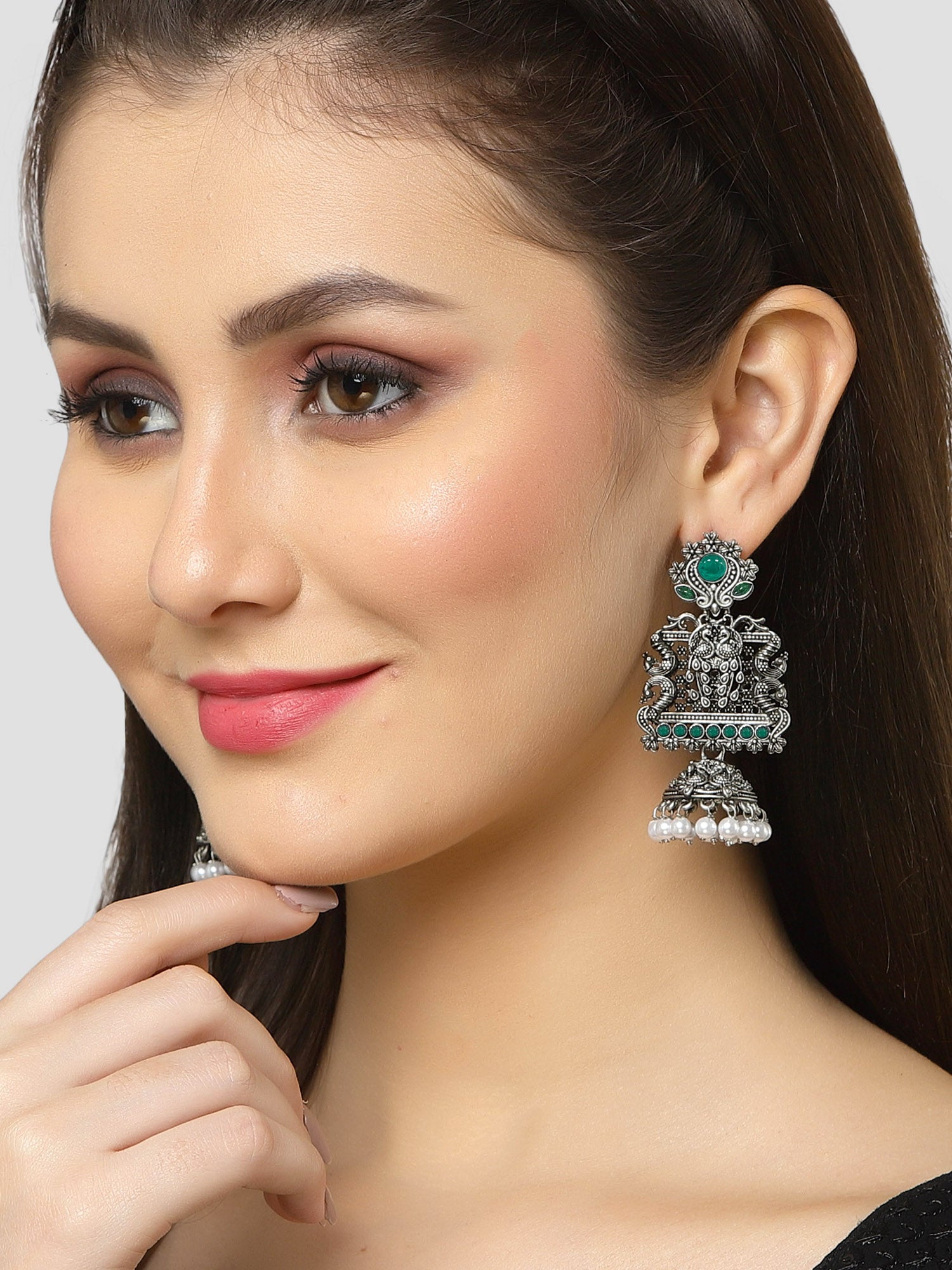 Karatcart Oxidised Silver Peacock Green Stone Studded Dangler Jhumki Earrings for Women - Image 1