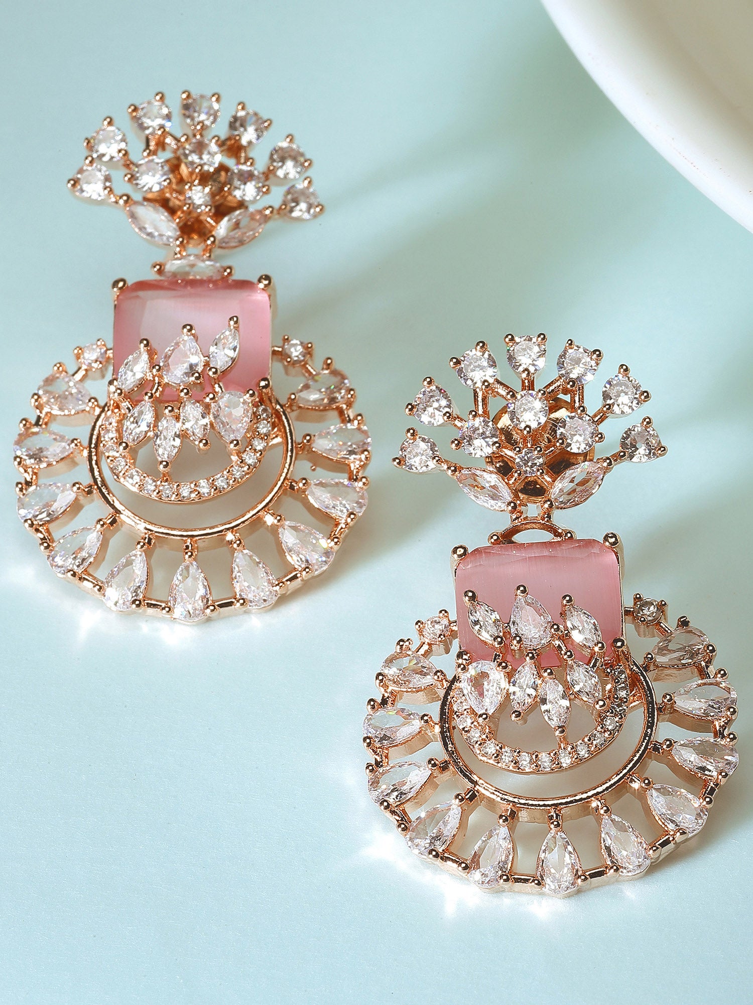 Karatcart Rose-Gold Plated Pink Cubic Zirconia Studded Drop Earrings for Women