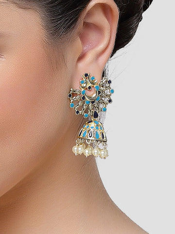 Karatcart Gold Plated Light Blue and Navy Blue Meena Jhumki Earrings for Women