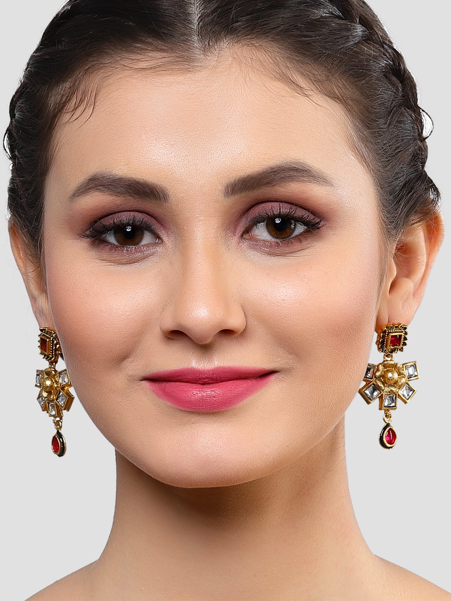 Karatcart Gold Plated Floral Design Red and White Kundan Dangler Earrings for Women - view 2