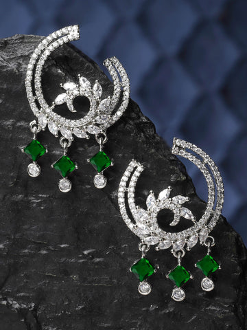 Karatcart Silver Plated Green Cubic Zirconia Drop Earrings for Women