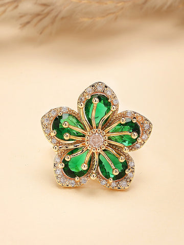 Bohey by KARATCART Gold Plated Green Cubic Zirconia Studded Floral Design Women's Cocktail Ring