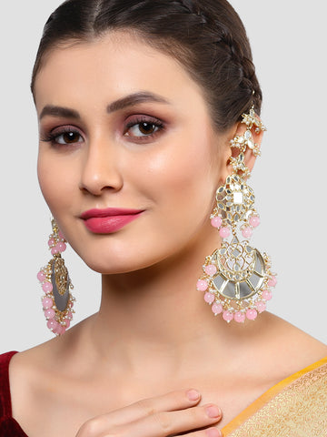 Karatcart Gold Plated Pink Beads Mirror Studded Kaanchain Earrings for Women