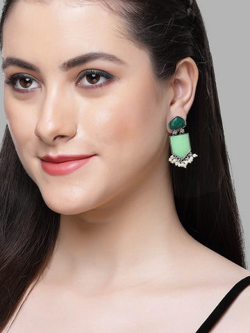 Karatcart Silver Tone Dark Green & Lime Green Carved Stone Studded Drop Earrings for Women