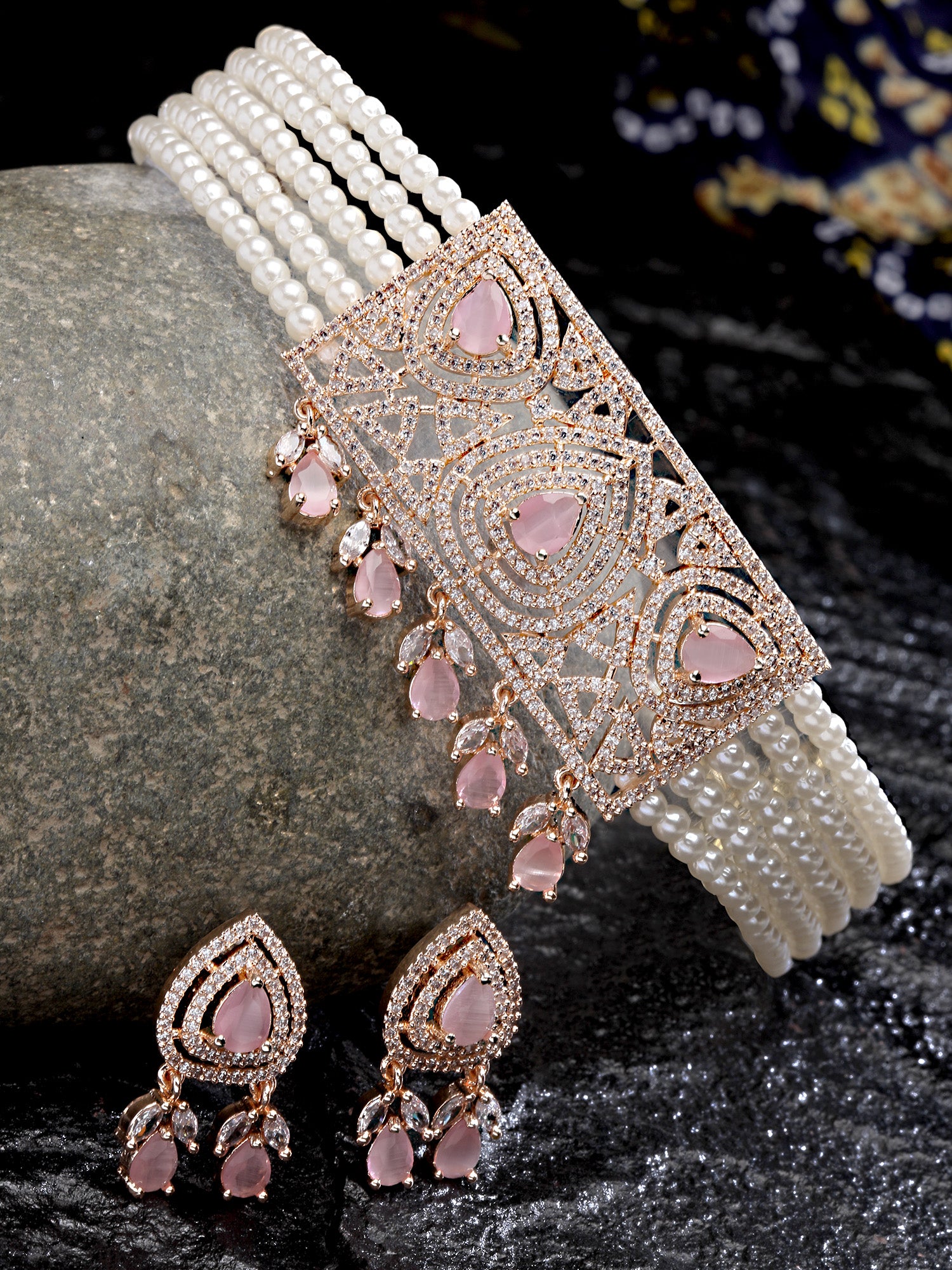 Karatcart Rose Gold Plated Pearl Beaded Cubic Zirconia Choker Necklace Set for Women - view 3