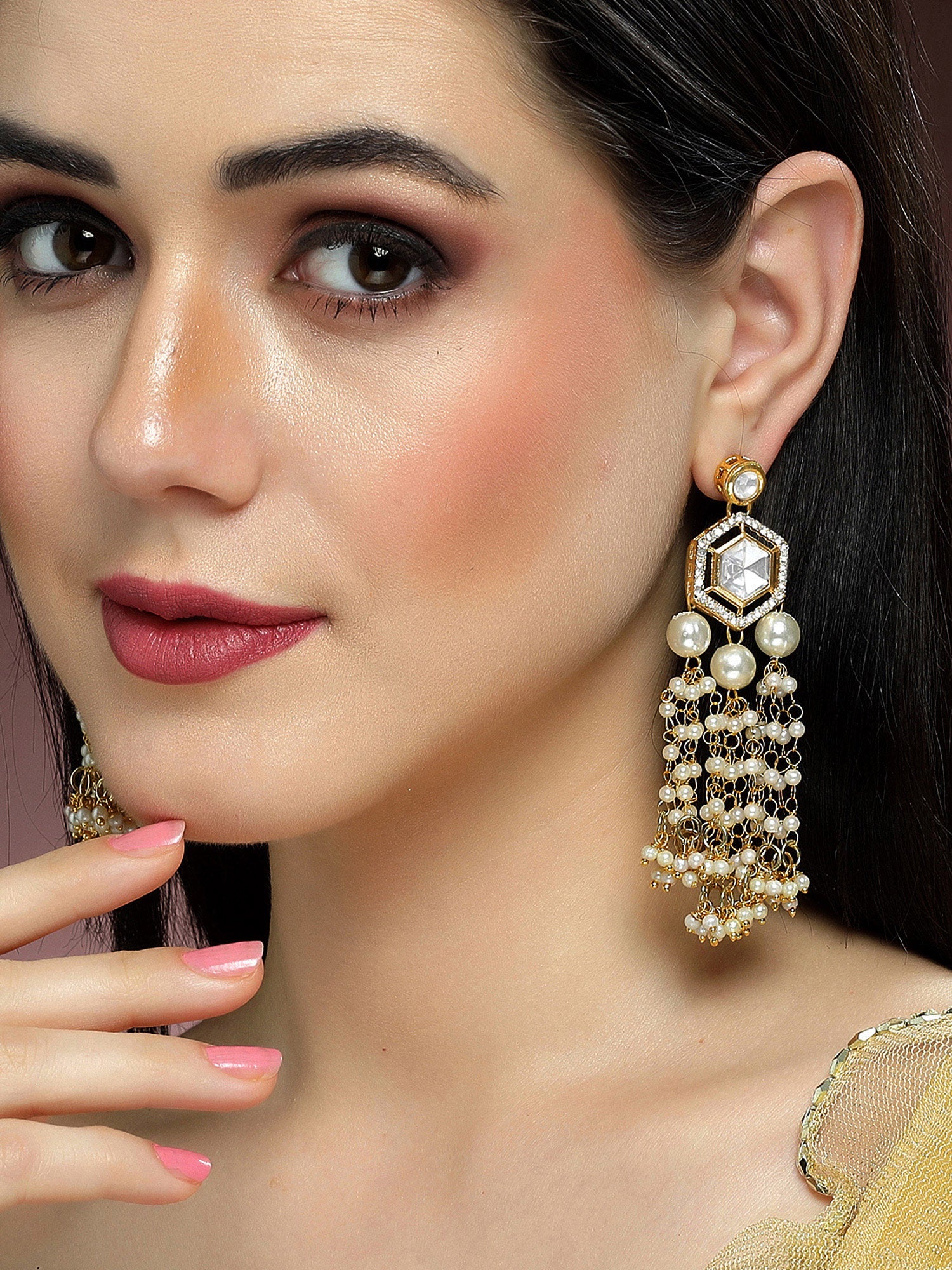 Karatcart Gold Plated Designer Polki Kundan Drop Earrings for Women - view 2