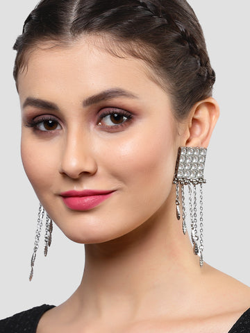 Karatcart Oxidised Silver Square Shape Kundan Tassel Earrings for Women