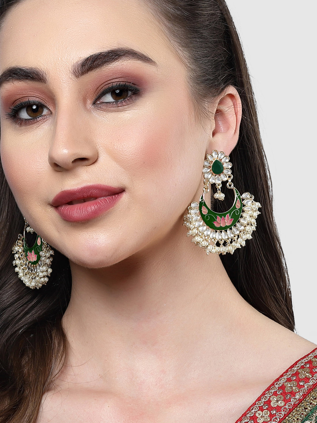 Karatcart Gold Plated Lotus Design Green and Peach Meena Kundan Dangler Earrings for Women