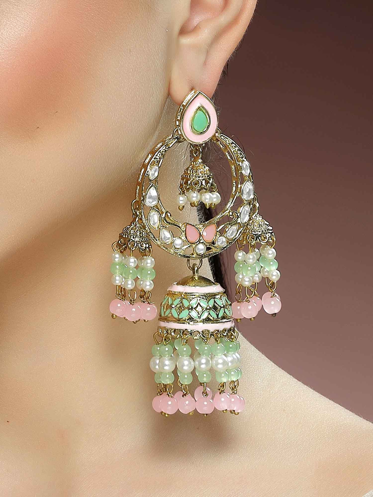 Karatcart Gold Plated Pink and Lime Green Beads Kundan Dangler Jhumki Earrings for Women - Image 1