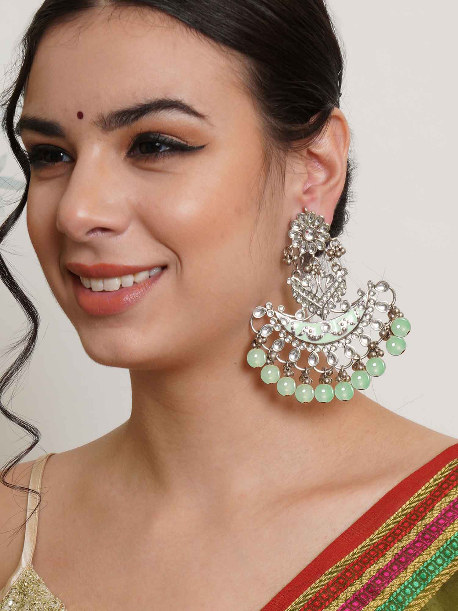 Karatcart Oxidised Silver Light Green Meena Kundan Dangler Earrings for Women