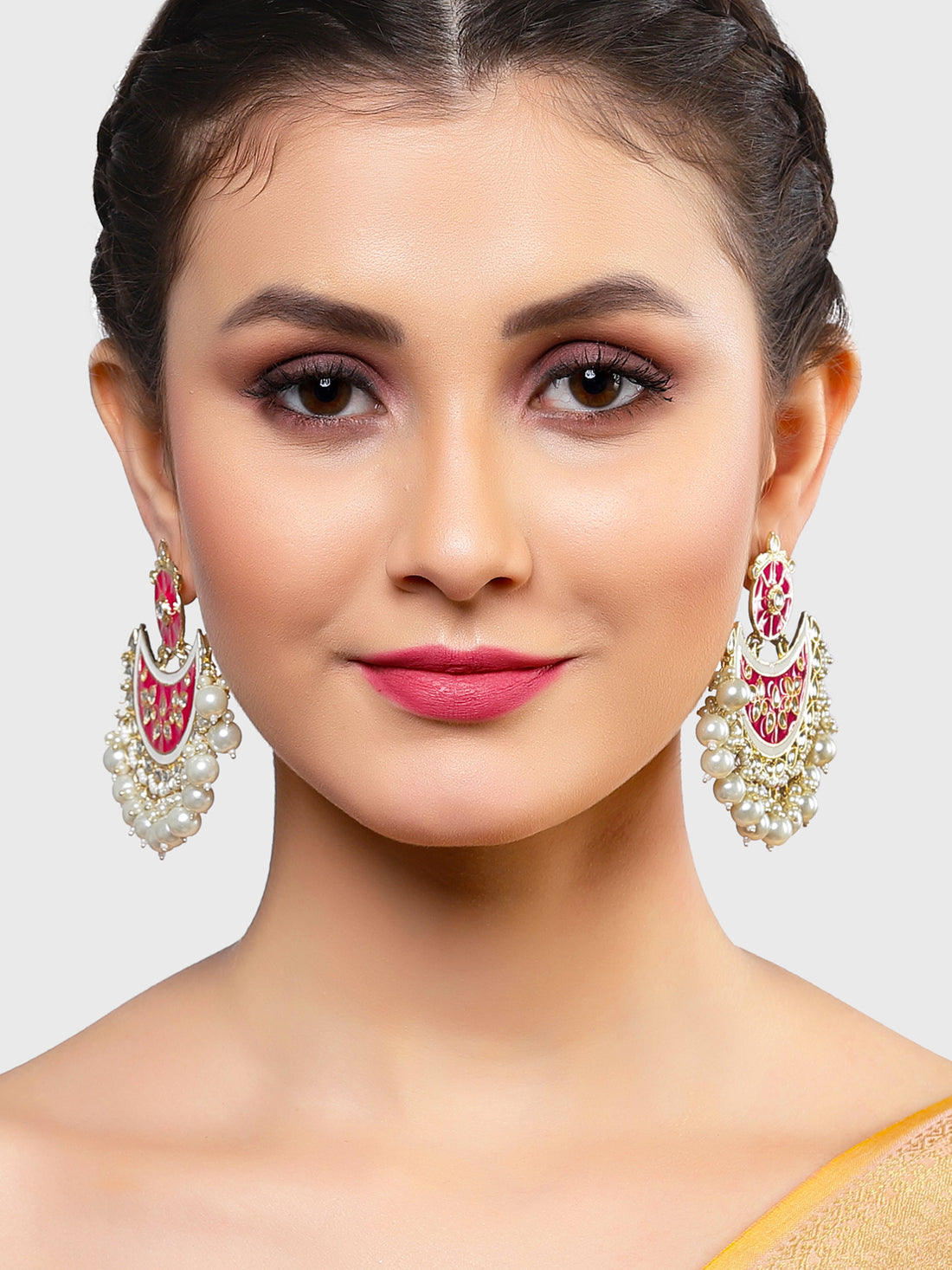 Karatcart Gold Plated Pink Meena Pearl and Kundan Studded Chandbali Earrings for Women