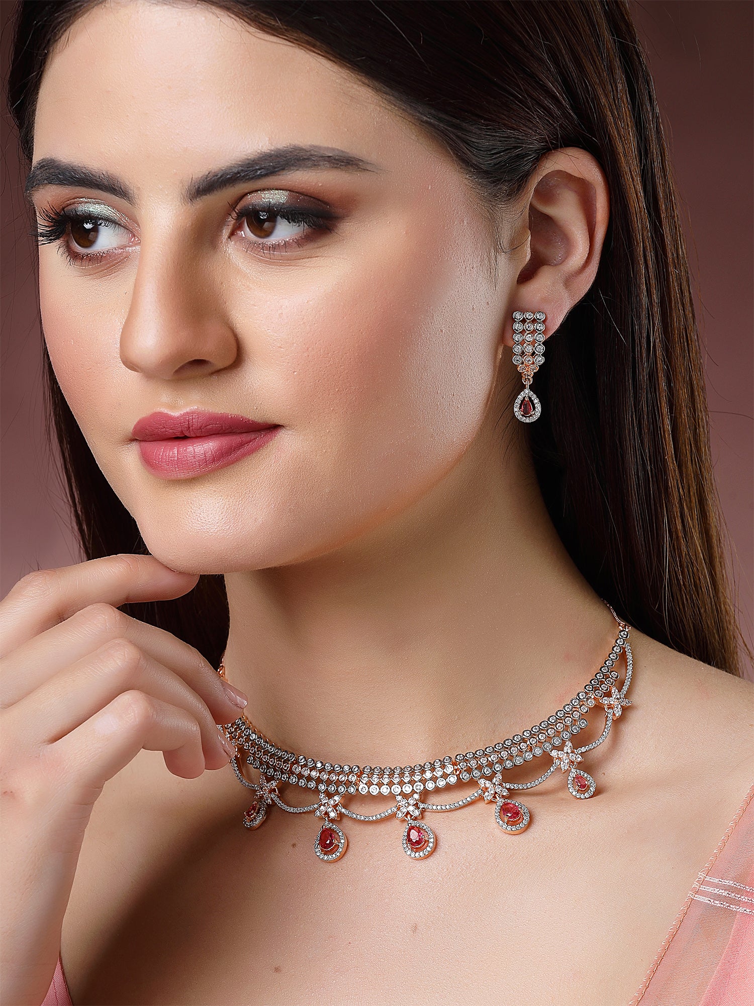 Karatcart Elegant Rose Gold Plated Necklace Set with Red Cubic Zirconia and Rhodium Finish for Women - Image 1